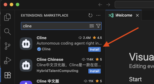 在 VS Code 中搜索 Cline